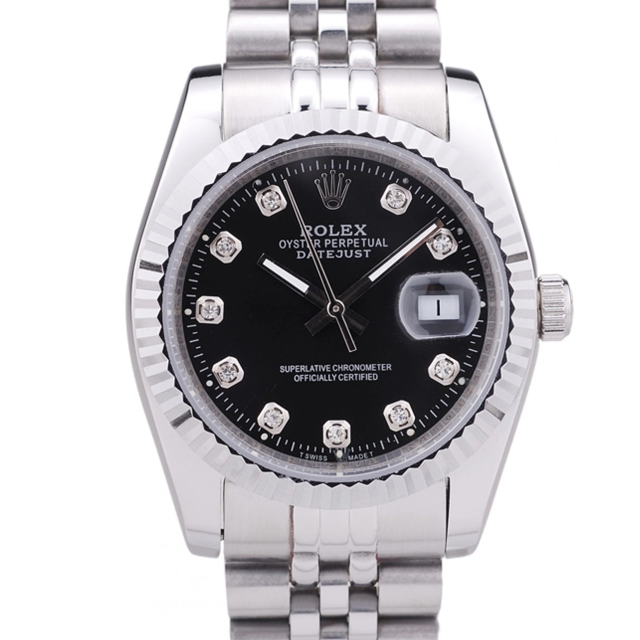 Aaa replica watch Rolex 7458 Black Datejust Ribbed Bezel Diamonds Dial 0731